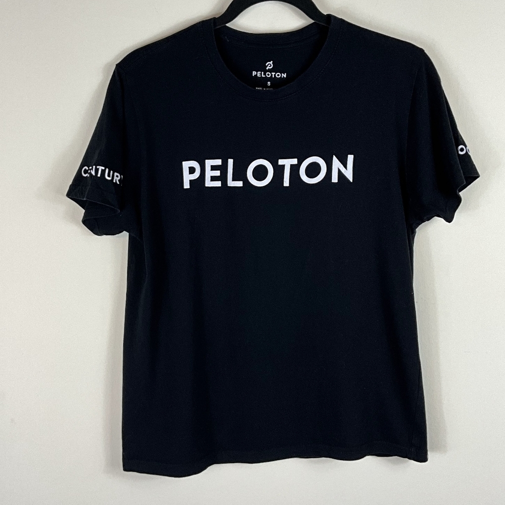 Peleton Size Small Century 100 Spellout T-shirt Black and white